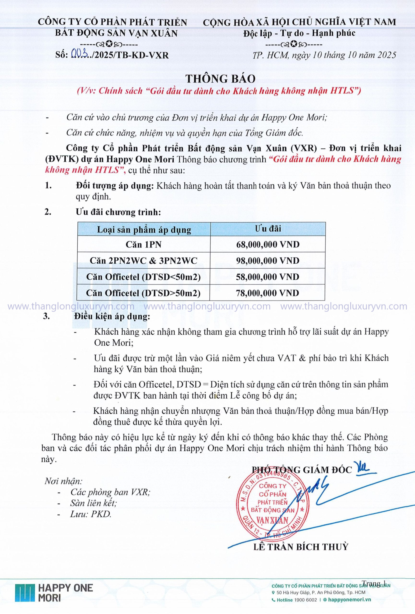 Gói đầu Tư Dành Cho Kh Happy One Mori Không Nhận Htls